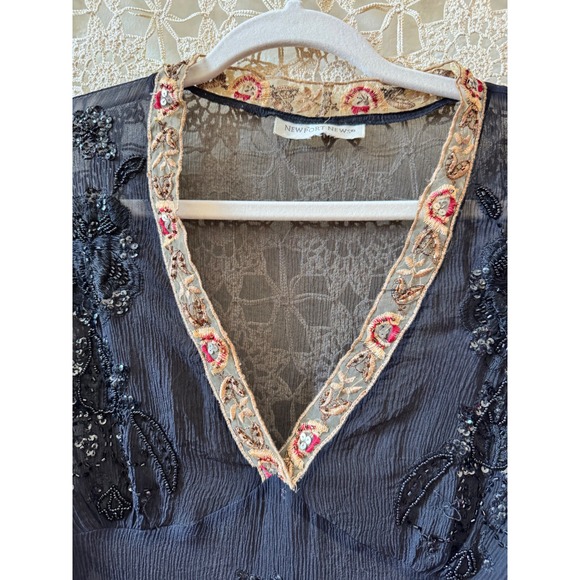 Vintage Whimsy Goth Sheer Beaded Sequin Blouse Black Embroidered V-Neck Top - Picture 3 of 9